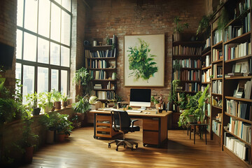 Wall Mural - A cozy office space filled with plants and books, featuring a desk and computer.