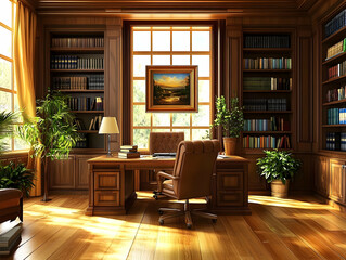 Wall Mural - A warm, inviting office with wooden furniture, bookshelves, and a scenic painting.