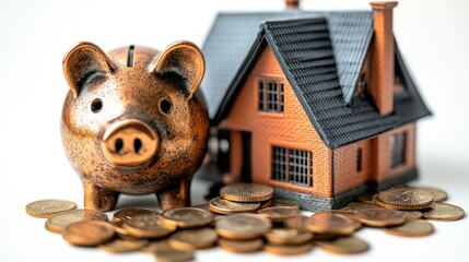 A piggy bank beside a house model and scattered coins symbolizes savings.