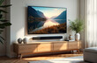 © Pete - Modern living room shows smart TV connected to sound bar. Stylish wooden TV stand complements minimalist interior. Natural light highlights tech integration. Picture shows serene landscape. Home