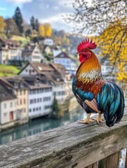 Colorful rooster perched on a wooden fence overlooking a charming riverside village in autumn. Generative AI