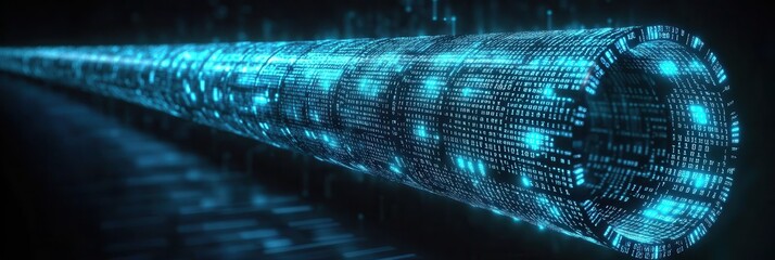 Wall Mural - a long digital pipeline shaped by vibrant glowing blue matrix binary code. isolated on black backgro