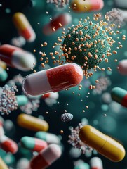 Poster - Pills encircling bacteria to symbolize advancements in medical science and treatment methodologies. Generative AI