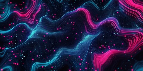 Wall Mural - colorful abstract design showcasing flowing lines and dots in blue and pink colors over a dark backg