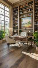 Wall Mural - A stylish home office featuring a wooden desk, bookshelves, and lush plants.