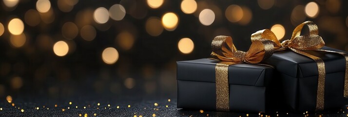 Wall Mural - two black gift boxes with golden bows on a dark background with blurred bokeh. banner for christmas 