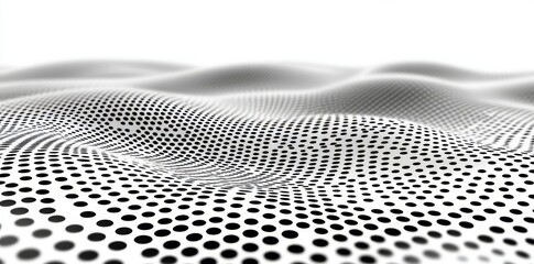 Isolated 3D wave pattern of flowing dots particles with a halftone black gradient curve shape on a white background