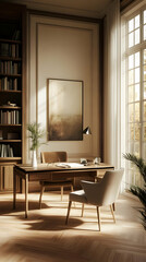 Wall Mural - A serene office space with a wooden desk, bookshelves, and natural light.