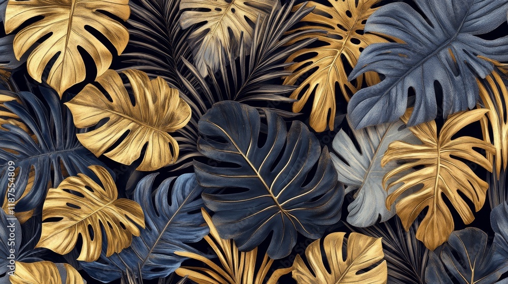Seamless modern pattern with gold and black tropical leaves on a dark ...