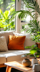 Wall Mural - A cozy living room with a beige sofa, decorative pillows, and lush green plants.