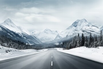 Wall Mural - Snow-covered mountain road winding through a quiet winter landscape in the early morning light