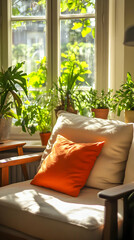 Wall Mural - A cozy indoor space with a sofa, orange cushion, and vibrant green plants by the window.