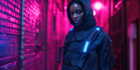Wall Mural - Hyper-realistic portrait of a model wearing modular black jacket with glowing blue LED trims tactical straps and a high-collar hood the model stands in a 
