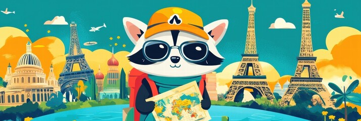 Poster - Raccoon exploring iconic world landmarks with a map and backpack under a bright sky. Generative AI