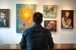 © Pete - Man sits in art gallery admiring colorful abstract paintings. Thoughtfully observes art display. Young adult in thirties looking at various paintings, exhibits. Seated at table in gallery. Looking at