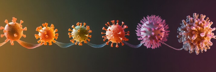 Poster - Progression of virus forms from basic shapes to complex structures illustrating development in viral morphology. Generative AI