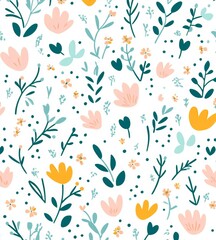Naklejka na meble Modernly colored floral seamless pattern in an art nouveau style, vintage and retro, isolated on a white background