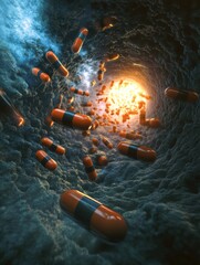 Aufkleber - Pills represent advancements in medicine while attacking harmful bacteria in a symbolic visualization of health progress. Generative AI