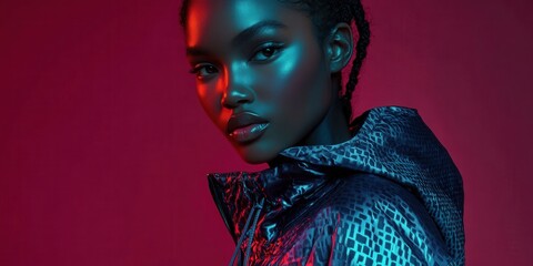 Wall Mural - Portrait of a model in a streamlined lightweight windbreaker with nano-fabric patterns magnetic clasps and hidden ventilation paired with a minimal base layer illuminated 