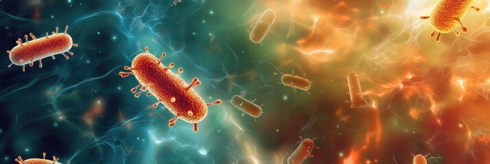 Poster - Swirling bacteria and microbes moving through a vibrant liquid environment with dynamic patterns. Generative AI