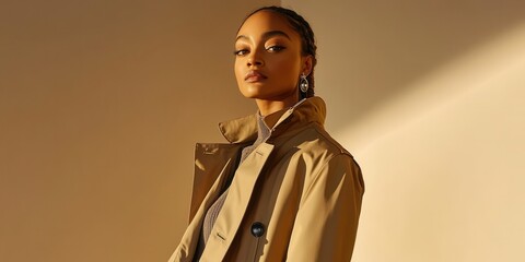 Wall Mural - Portrait of a model wearing a modular trench coat with retractable hood hidden OLED accents and ergonomic cuffs paired with a sleek base layer studio lighting in warm tones creates a polished look 