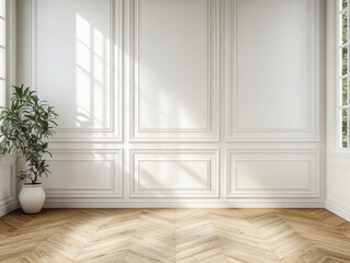Elegant Modern Classic White Minimalist Interior with Wall Panels and Wooden Floor