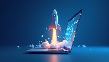 Rocket Launching From Laptop Screen Symbolizing Digital Startup