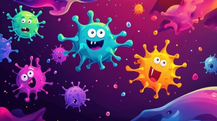Aufkleber - Playful cartoon viruses battle colorful antibodies in a vibrant, imaginative world of science. Generative AI