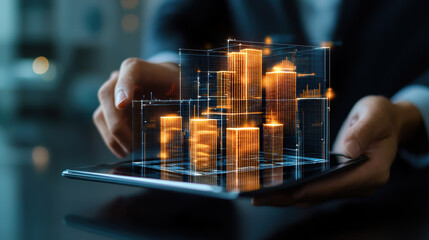 Poster - person interacting with digital tablet displaying 3D financial graphs and data visualizations. scene conveys sense of innovation and technology in business