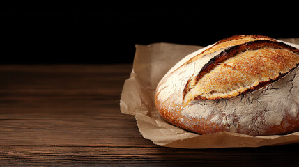 Poster - Freshly baked loaf of bread on wooden table, showcasing its crusty exterior and soft interior, perfect for any meal or snack
