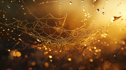 Wall Mural - Glistening dew drops spiderwebs field close view, nature, water, morning, sunlight, delicate, intricate, fragile, translucent, beauty, outdoor, macro, detail. Dewfall. Illustration