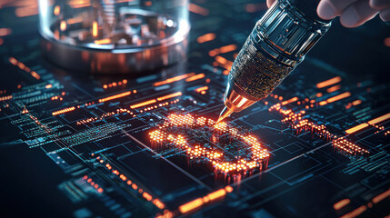 Poster - Close up of cybersecurity professional using digital tool to analyze data patterns, highlighting security vulnerabilities in futuristic interface. atmosphere is intense and focused