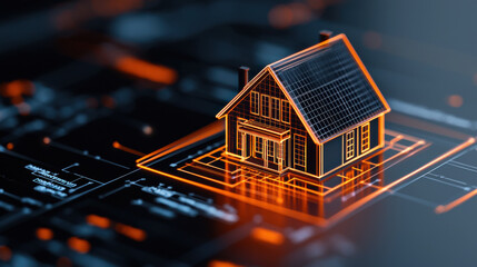 Poster - close up of digital model of building being analyzed, showcasing intricate details and modern design. glowing outline emphasizes architectural features and layout
