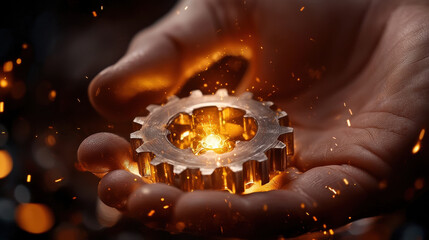Fototapete - close up of hand holding solid metal gear, glowing with sparks and light, showcasing craftsmanship and precision in metalwork