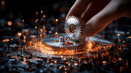 Poster - close up of hand holding solid metal gear, surrounded by glowing circuitry and sparks, showcasing intricate details of machinery and technology