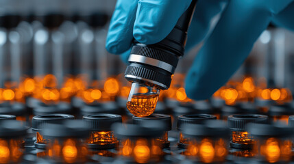 Poster - Close up of hand in blue glove holding dropper over vials filled with orange liquid, showcasing precision in laboratory setting