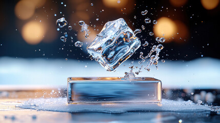 Aufkleber - close up of solid block of ice with air bubbles trapped inside, creating stunning visual effect. ice appears to float above reflective surface, surrounded by splashes of water