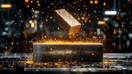 Aufkleber - close up of solid aluminum ingot being processed in factory, surrounded by sparks and glowing particles, showcasing industrial environment and craftsmanship involved