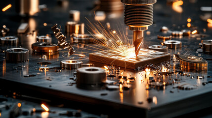 Fototapete - Close up of metalworking process with sparks flying, showcasing precision machining and intricate details of metal parts. scene highlights advanced manufacturing techniques