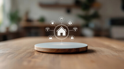 Fototapete - Smart home devices connected through central hub, showcasing modern technology. image highlights wooden surface with digital home icon and various connected devices, symbolizing convenience and