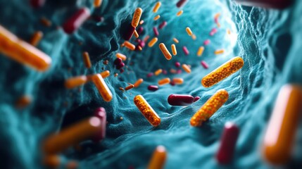 Aufkleber - Pills surround and target bacteria, illustrating advancements in medical science and health care solutions. Generative AI