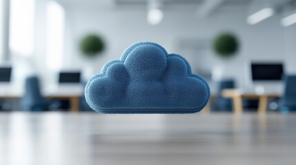 Leinwandbilder - blue cloud symbol representing cloud computing technology in modern office environment. image conveys innovation and digital solutions, highlighting importance of cloud services