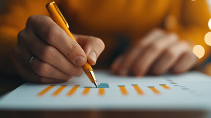 Aufkleber - Analyzing data with pen on report, showcasing strategic planning and focus. warm lighting creates inviting atmosphere for productivity and creativity