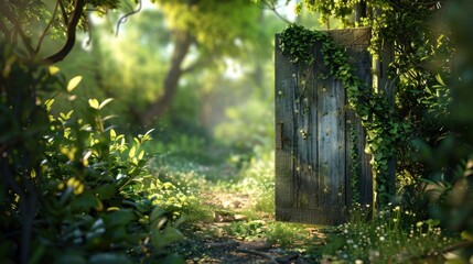 Poster - mystical wooden door surrounded by lush greenery and sunlight, inviting exploration into serene forest. scene evokes sense of wonder and tranquility