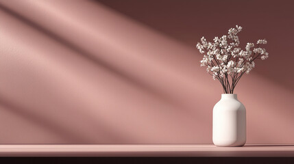 Leinwandbilder - minimalist flower vase with delicate white flowers against soft pink wall, creating serene and elegant atmosphere. gentle light enhances beauty of arrangement