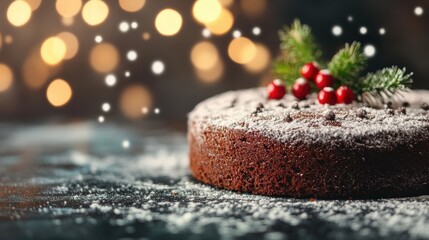 Wall Mural - Delicious chocolate cake dusted with powdered sugar and adorned with seasonal decorations, perfect for Christmas gatherings