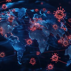 Leinwandbilder - Global viral spread map highlighting affected regions and transmission pathways across various continents. Generative AI