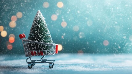 Sticker - A small Christmas tree nestled in a shopping cart sits on a blue backdrop with soft bokeh lights and gentle snowfall, creating a festive mood