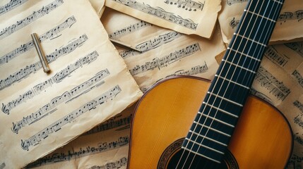 Poster - Beautiful acoustic guitar surrounded by scattered sheet music and a tuning fork on a wooden surface. Generative AI
