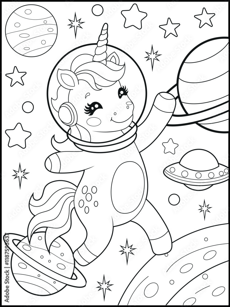 Space Unicorn Coloring Page for Kids. Printable Black and White ...